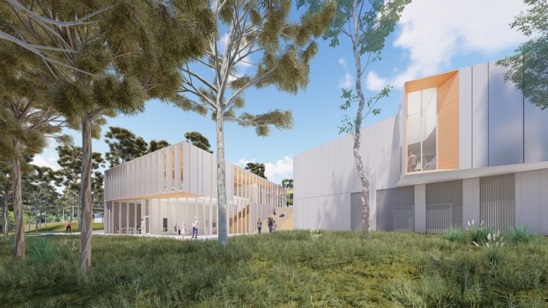 artist render of a two-storey, high-tech, grey concrete National Seed Bank building surrounded by gardens