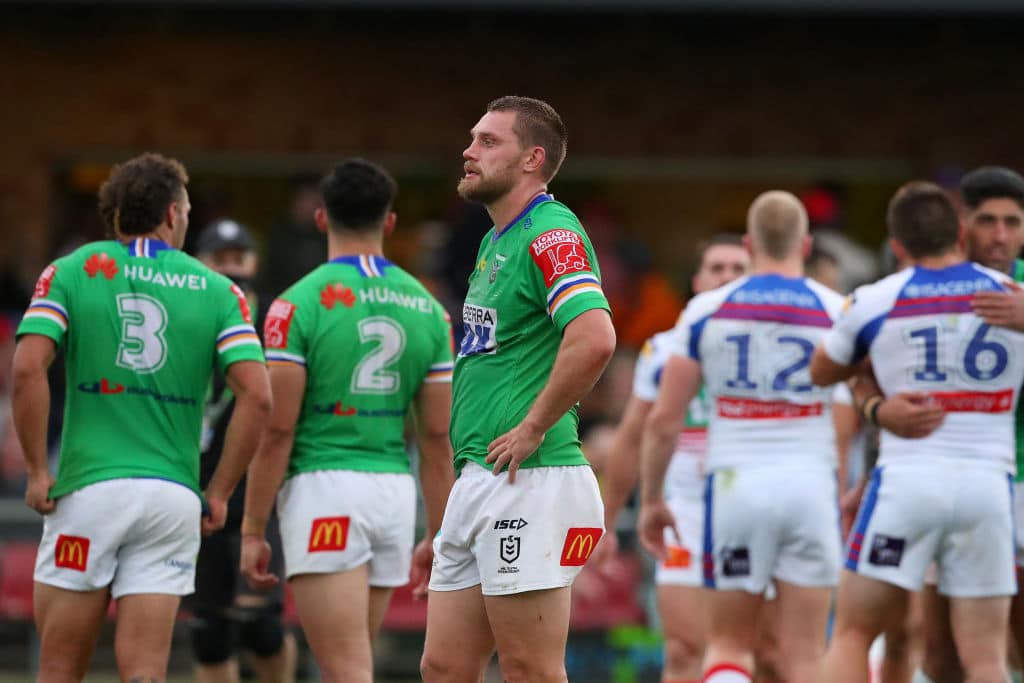 WAGGA WAGGA, AUSTRALIA - MAY 08: Elliott Whitehead (c) of the Raiders looks on after the loss during the round nine NRL match between the Canberra Raiders and the Newcastle Knights at , on May 08, 2021, in Wagga Wagga, Australia. (Photo by Kelly Defina/Getty Images)