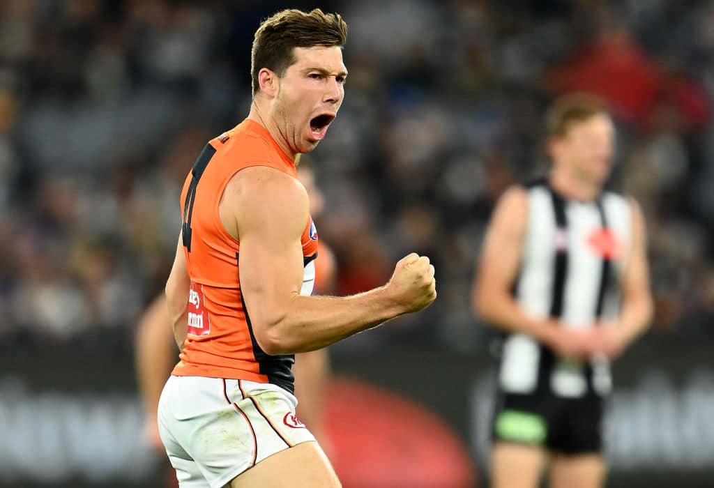 MELBOURNE, AUSTRALIA - APRIL 10: Toby Greene of the Giants celebrates kicking a goal during the round four AFL match between the Collingwood Magpies and the Greater Western Sydney Giants at Melbourne Cricket Ground on April 10, 2021 in Melbourne, Australia. (Photo by Quinn Rooney/Getty Images)