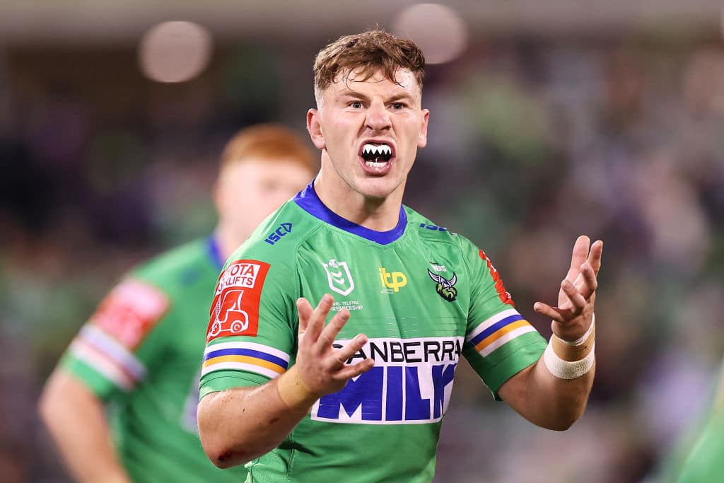 CANBERRA, AUSTRALIA - MAY 22: George Williams of the Raiders calls for the ball during the round 11 NRL match between the Canberra Raiders and the Melbourne Storm at GIO Stadium, on May 22, 2021, in Canberra, Australia. (Photo by Mark Kolbe/Getty Images)