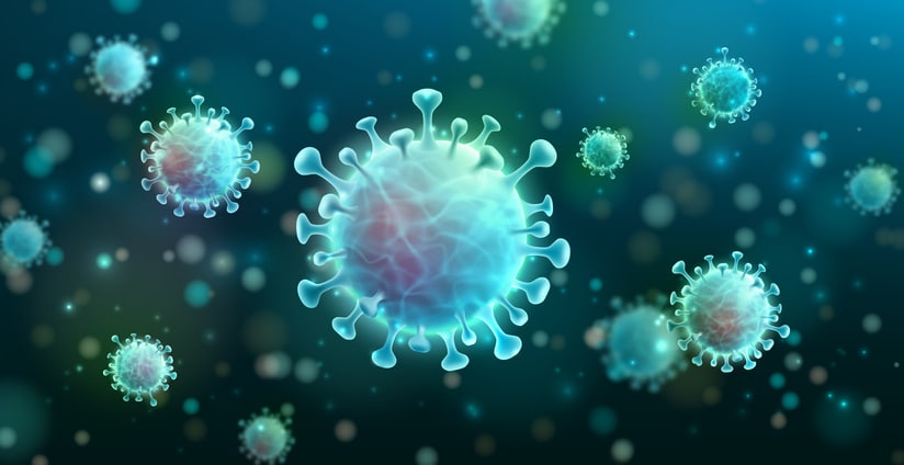 Vector of Covid-19 virus and virus background in shades of blueemic medical health risk concept