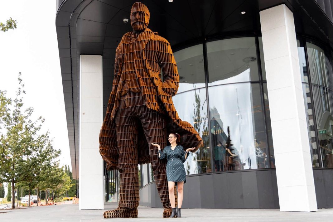 Andrew Inglis Clark statue with Olivia Kourmadias