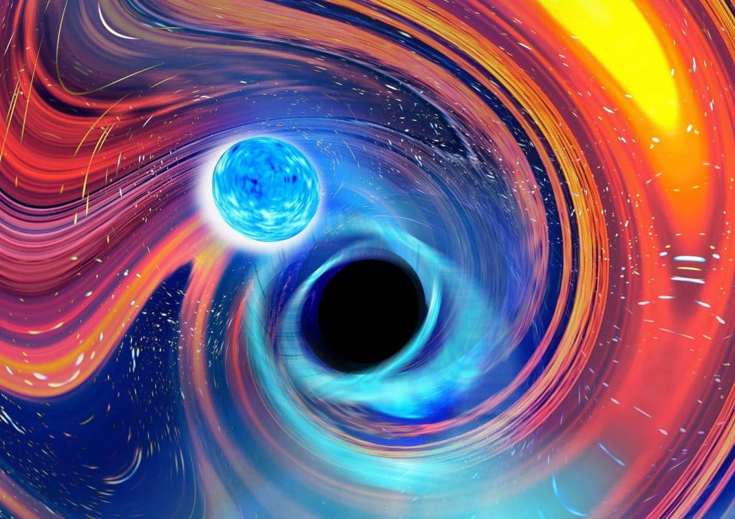 graphic of a pink and blue spiral in space with a blue star about to enter a black hole