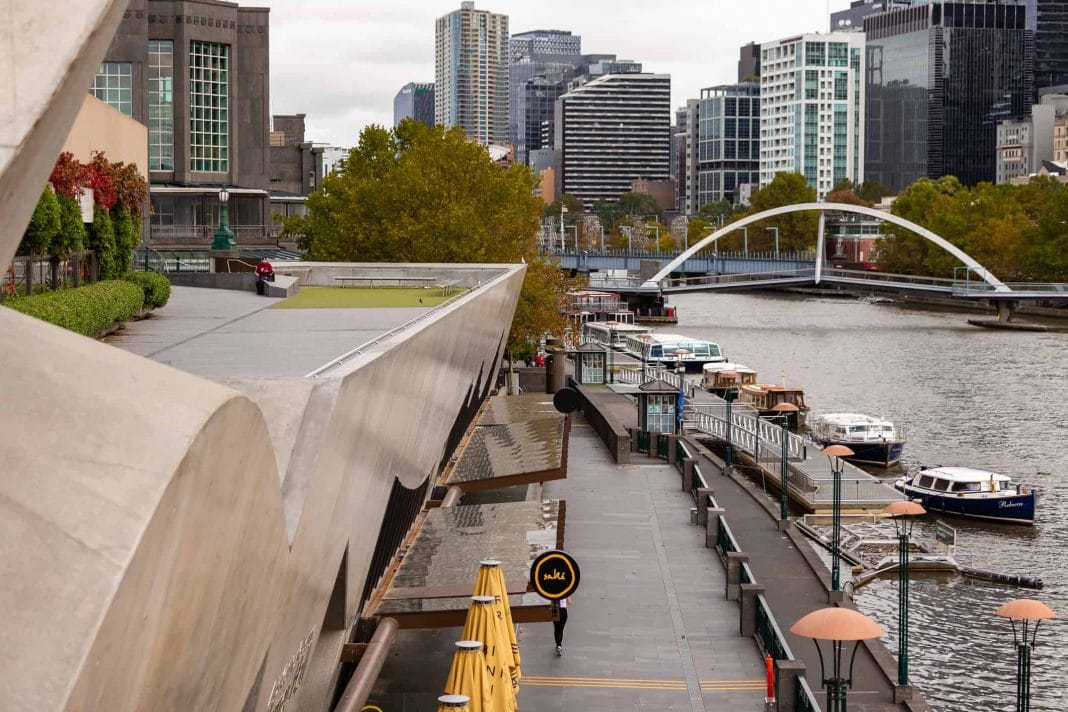 Footpaths beside the Yarra River in Melbourne are deserted during another lockdown in Victoria