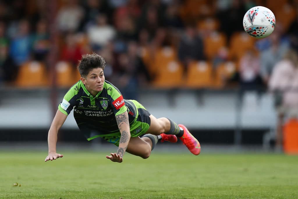 CANBERRA, AUSTRALIA - MARCH 26: Michelle Heyman of Canberra United heads towards goal during the round 14 W-League match between Canberra United and Sydney FC at Viking Park, on March 26, 2021, in Canberra, Australia. (Photo by Mark Metcalfe/Getty Images)
