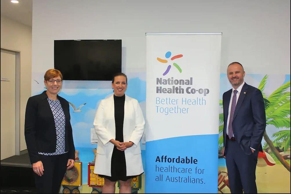 ACT Minister for Health Rachel Stephen-Smith, National Health Co-op CEO Alison Wright and Chief Minister Andrew Barr, in January. Image: Nick Fuller.