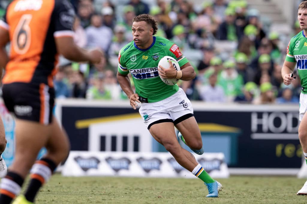 CANBERRA, AUSTRALIA - MARCH 14: Kris Sebastian of the Raiders runs the ball during the round 1 NRL match between the Canberra Raiders and Wests Tigers at GIO Stadium on March 14, 2021 in Canberra, Australia. (Photo by Speed Media/Icon Sportswire via Getty Images)