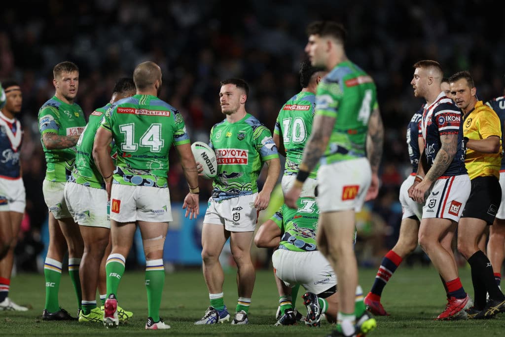 GOSFORD, AUSTRALIA - MAY 29: Tom Starling of the Raiders looks dejected during the round 12 NRL match between the Sydney Roosters and the Canberra Raiders at Central Coast Stadium, on May 29, 2021, in Gosford, Australia. (Photo by Ashley Feder/Getty Images)