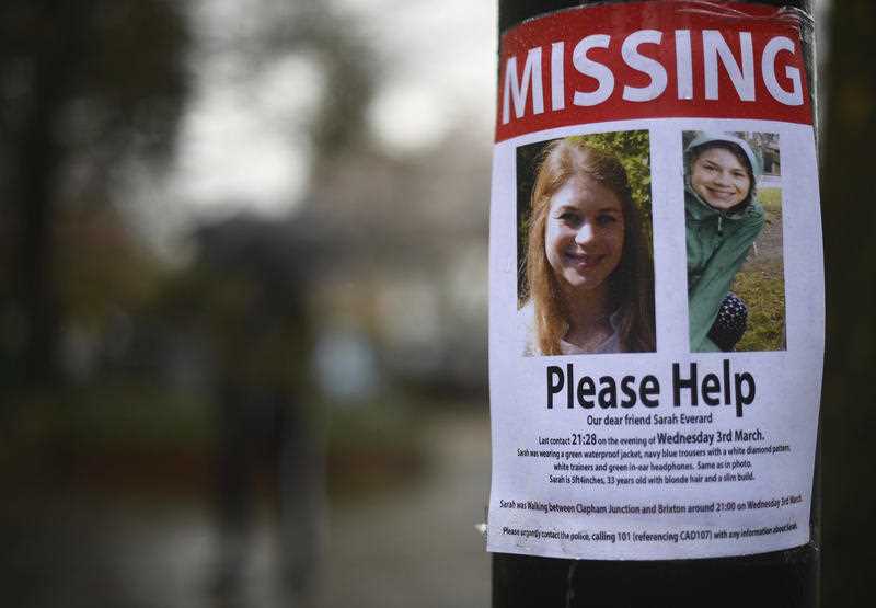 A missing persons poster in London for Sarah Everard, who was murdered by a police officer