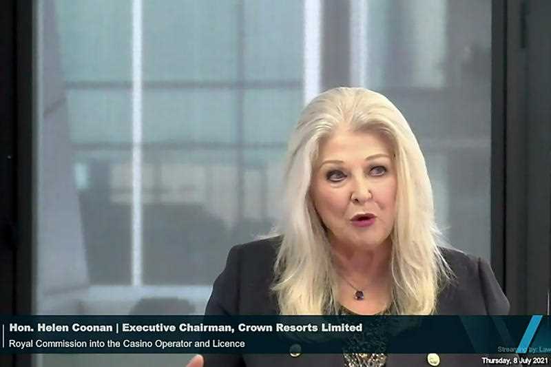 A screen grab taking from a live stream of Crown Resorts chair Helen Coonan during Victoria's royal commission into Crown Casino, in Melbourn
