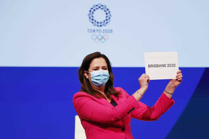 Queensland premier Annastacia Palaszczuk celebrates after Brisbane was announced as the 2032 Summer Olympics host city during the IOC Session at Hotel Okura in Tokyo