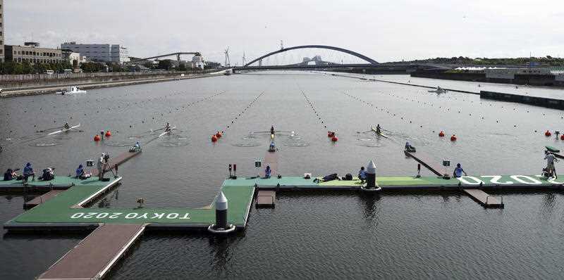 The heat of men's Singles Sculls starts at Sea Forest Waterway in Tokyo