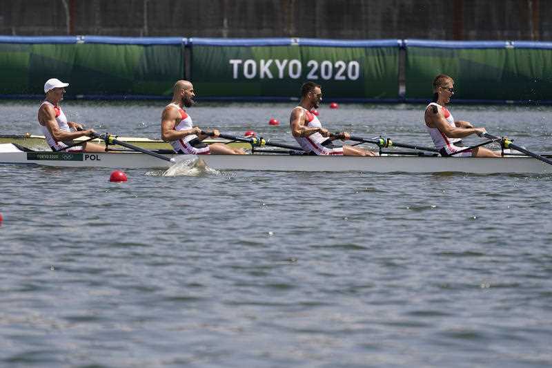 Four men from Poland compete in the men's four repechage at the 2020 Summer Olympics in Tokyo