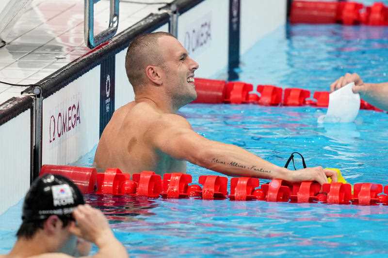 Kyle Chalmers of Australia reacts after winning silver and being narrowly beaten by Caeleb Dressel of the USA in the Men’s 100m Freestyle Final at the Tokyo Aquatics Centre during the Tokyo Olympic Games