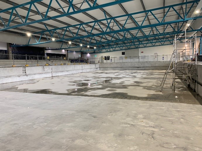 The Gungahlin Leisure Centre swimming pool is ready for tiling – but the tilers can’t leave Sydney due to lockdowns. Picture supplied by ACT Government.