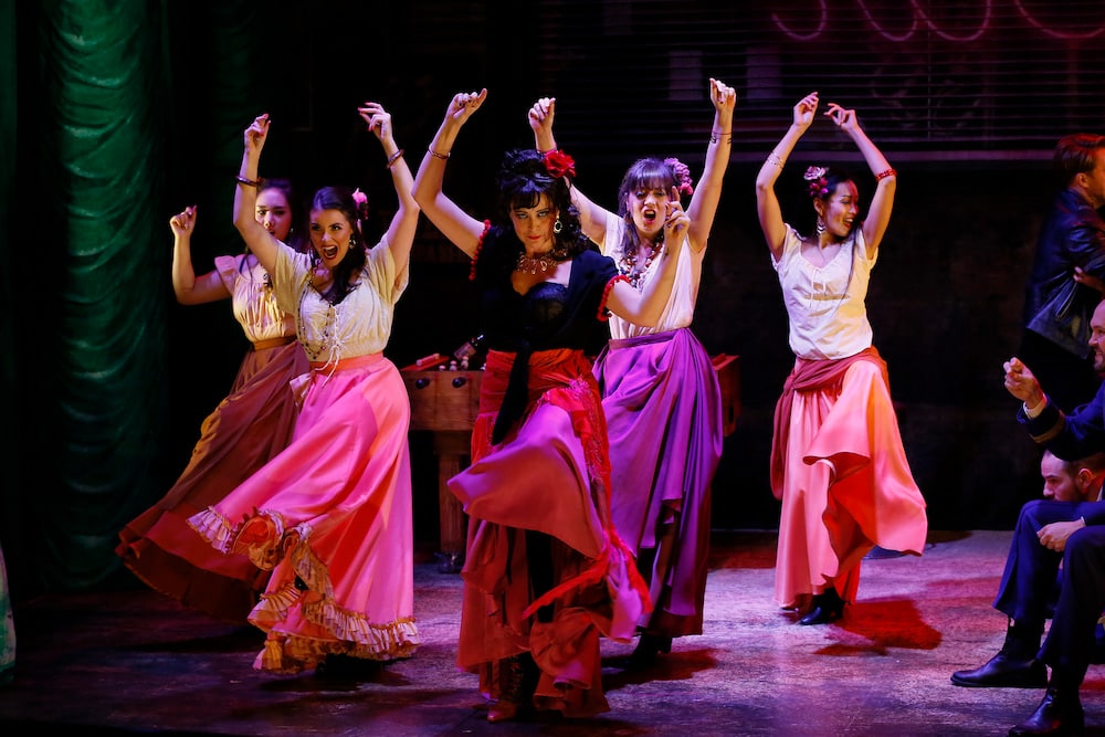 Angela Hogan (centre) as Carmen, with Esther Song, Giuseppina Grech, Genevieve Dickson and Cathy-Di Zhang in Opera Australia’s 2021 National Tour of Carmen. Photo: Jeff Busby