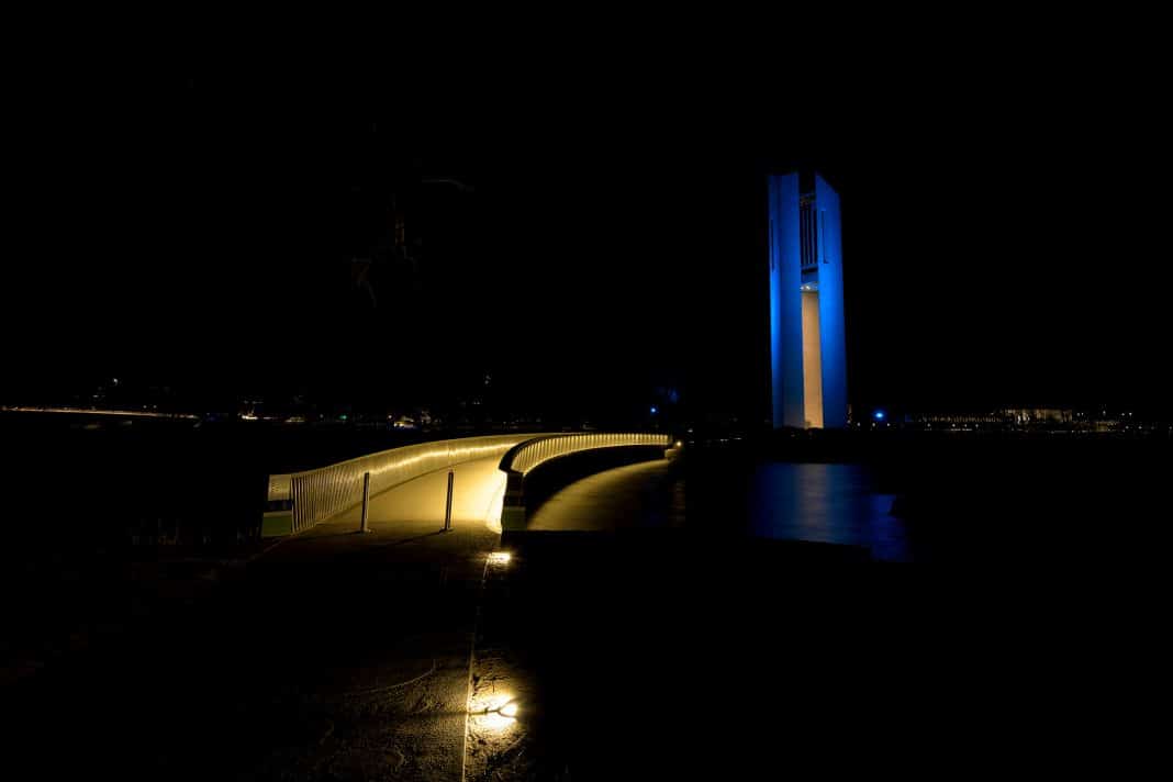 National Carillon Canberra lit up in blue at night