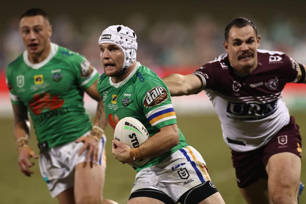 SYDNEY, AUSTRALIA - JUNE 21: Jarrod Croker of the Raiders runs with the ball during the round six NRL match between the Canberra Raiders and the Manly Sea Eagles at Campbelltown Stadium on June 21, 2020 in Sydney, Australia. (Photo by Cameron Spencer/Getty Images)