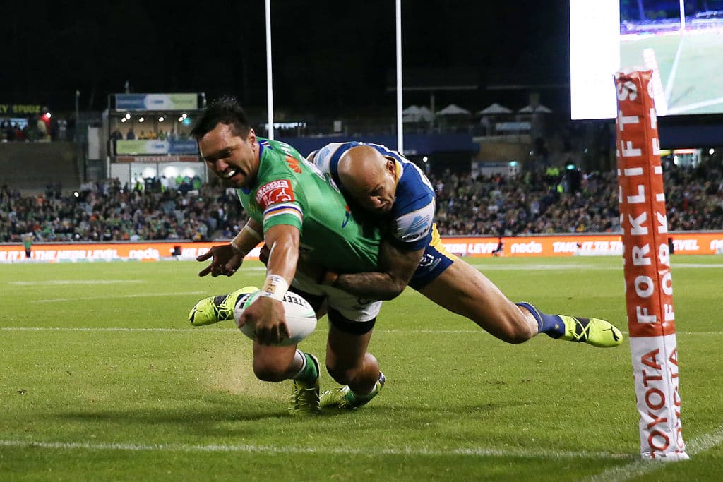 CANBERRA, AUSTRALIA - APRIL 17: Jordan Rapana of the Raiders scores a try during the round six NRL match between the Canberra Raiders and the Parramatta Eels at GIO Stadium on April 17, 2021, in Canberra, Australia. (Photo by Matt Blyth/Getty Images)