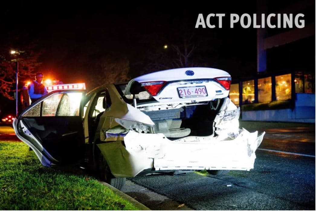 This Toyota Camry vehicle was rammed by a Jeep while transporting a prisoner – eight months after the Inspector of Correctional Services said it was “unsuitable”. Photo: ACT Policing
