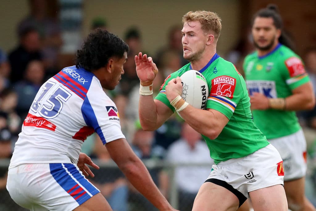 WAGGA WAGGA, AUSTRALIA - MAY 08: Hudson Young of the Raiders runs with the ball during the round nine NRL match between the Canberra Raiders and the Newcastle Knights at , on May 08, 2021, in Wagga Wagga, Australia. (Photo by Kelly Defina/Getty Images)