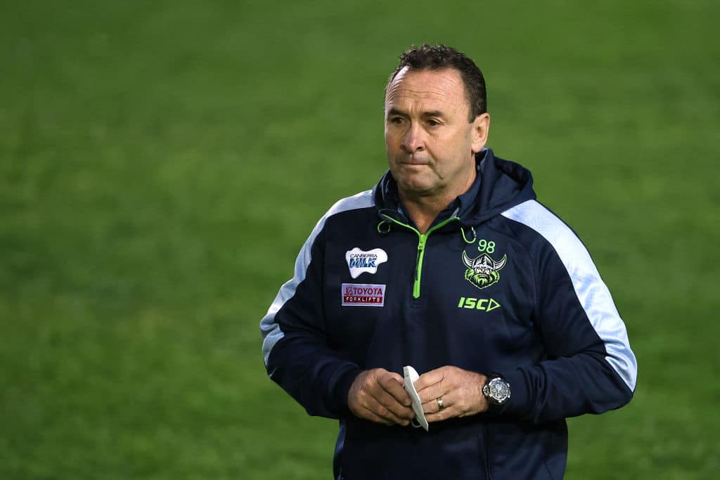 SYDNEY, AUSTRALIA - JULY 08: Raiders coach Ricky Stuart looks on before the round 17 NRL match between the Manly Sea Eagles and the Canberra Raiders at 4 Pines Park on July 08, 2021, in Sydney, Australia. (Photo by Cameron Spencer/Getty Images)