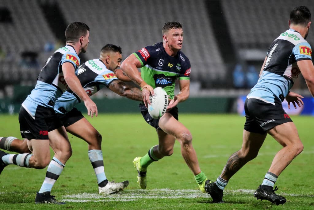 SYDNEY, AUSTRALIA - MARCH 21: Jack Wighton of the Raiders attacks during the round two NRL match between the Cronulla Sharks and Canberra Raiders at Netstrata Jubilee Stadium on March 21, 2021 in Sydney, Australia. (Photo by Speed Media/Icon Sportswire via Getty Images)