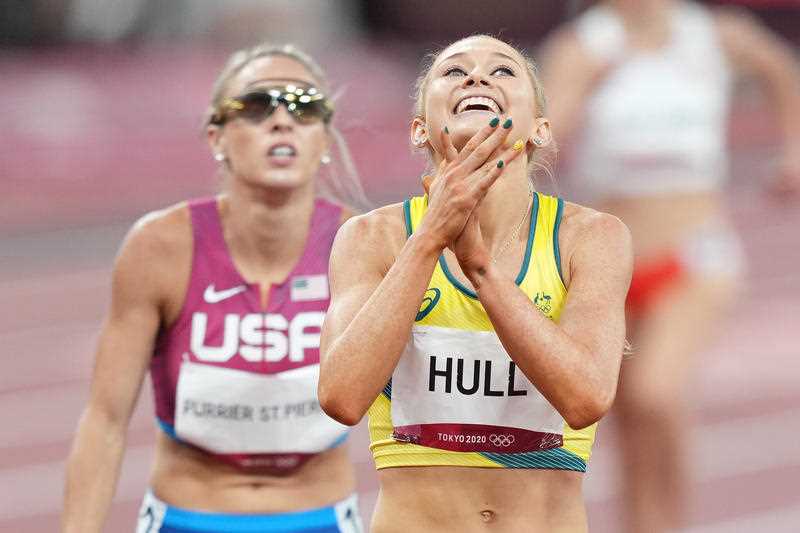 Jessica Hull of Australia reacts following the Women’s 1500m semi final at the Olympic Stadium during the Tokyo Olympic Games