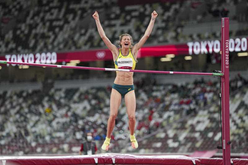 Nicola Mcdermott, of Australia, celebrates in the women's high jump final at the 2020 Summer Olympics