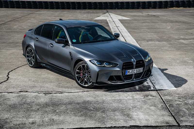 BMW's new M3 model sedan in a metallic dark silver finish