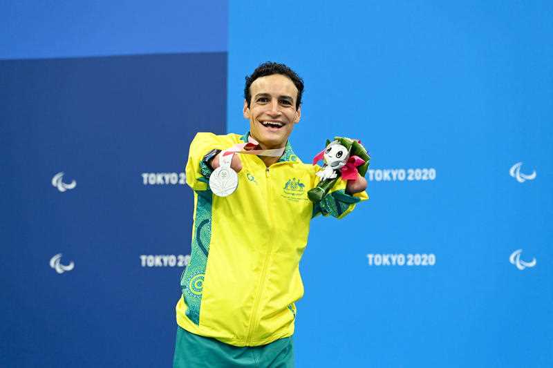 Silver medalist Ahmed Kelly of Australia at the Medal Ceremony for the Men's 150m medley SM3 at the Tokyo Aquatic Centre during the Tokyo Paralympic Games in Tokyo, Saturday, August 28, 2021