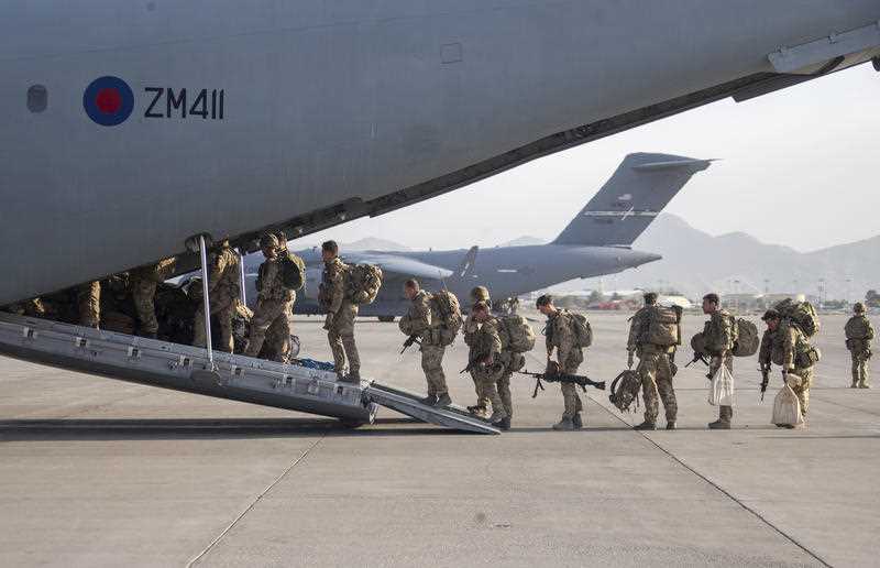 UK military personnel onboard a A400M aircraft departing Kabul, Afghanistan, Saturday, Aug. 28, 2021
