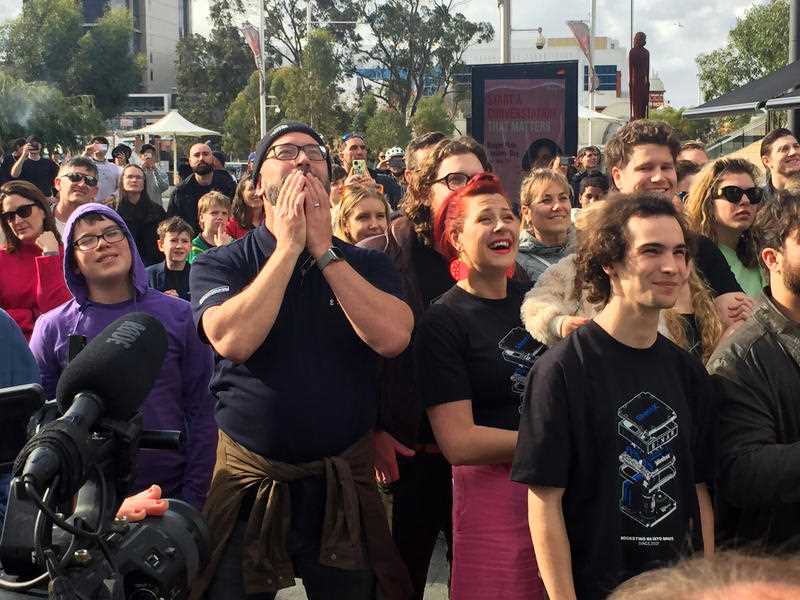 A crowd gathered at Yagan Square in Perth, to cheer and countdown to a live broadcast of the launch of WA’s first homegrown spacecraft, Binar-1 from Cape Canaveral in Florida. at Yagan Square in Perth