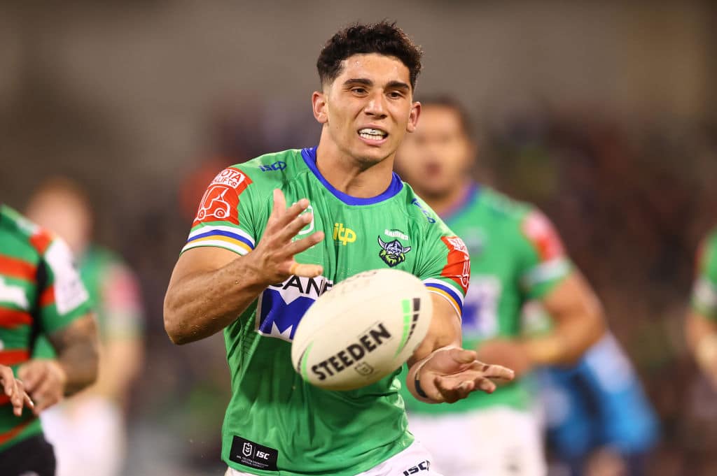 CANBERRA, AUSTRALIA - APRIL 29: Bailey Simonsson of the Raiders passes during the round eight NRL match between the Canberra Raiders and the South Sydney Rabbitohs at GIO Stadium, on April 29, 2021, in Canberra, Australia. (Photo by Mark Nolan/Getty Images)