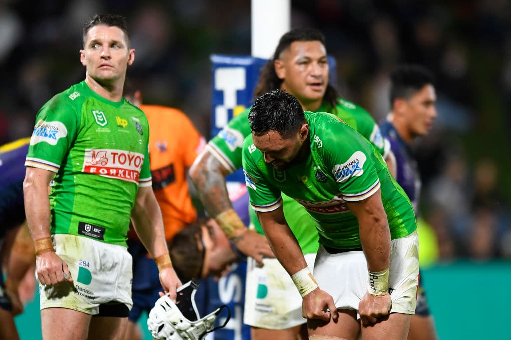 SUNSHINE COAST, AUSTRALIA - AUGUST 12: Jordan Rapana of the Raiders reacts during the round 22 NRL match between the Melbourne Storm and the Canberra Raiders at Sunshine Coast Stadium, on August 12, 2021, in Sunshine Coast, Australia. (Photo by Albert Perez/Getty Images)