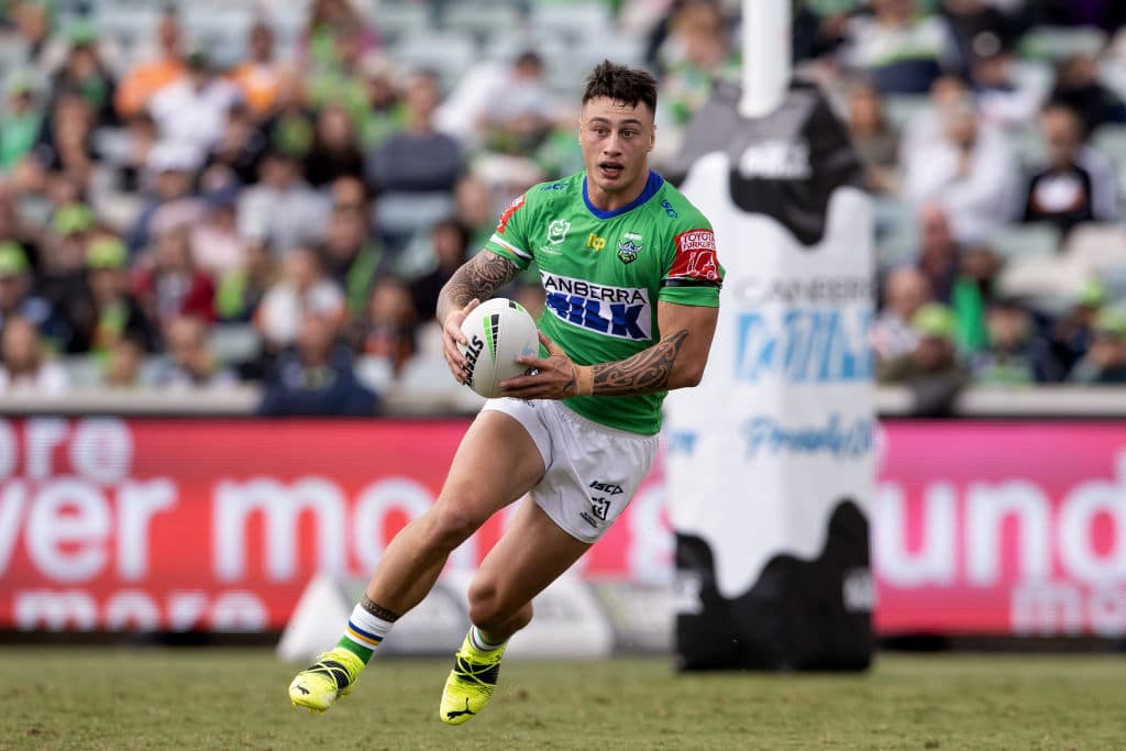CANBERRA, AUSTRALIA - MARCH 14: Charnze Nicoll-Klokstad of the Raiders runs the ball during the round 1 NRL match between the Canberra Raiders and Wests Tigers at GIO Stadium on March 14, 2021 in Canberra, Australia. (Photo by Speed Media/Icon Sportswire via Getty Images)