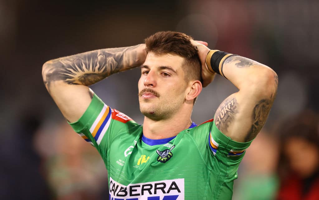 CANBERRA, AUSTRALIA - APRIL 29: Curtis Scott of the Raiders looks dejected after the round eight NRL match between the Canberra Raiders and the South Sydney Rabbitohs at GIO Stadium, on April 29, 2021, in Canberra, Australia. (Photo by Mark Nolan/Getty Images)