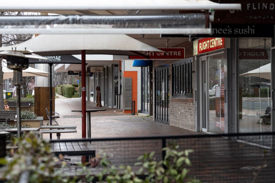 the normally busy Manuka shopping precinct in Canberra is shown deserted during lockdown