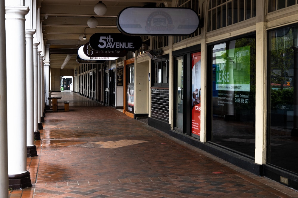 deserted high street with closed shops in Canberra CBD
