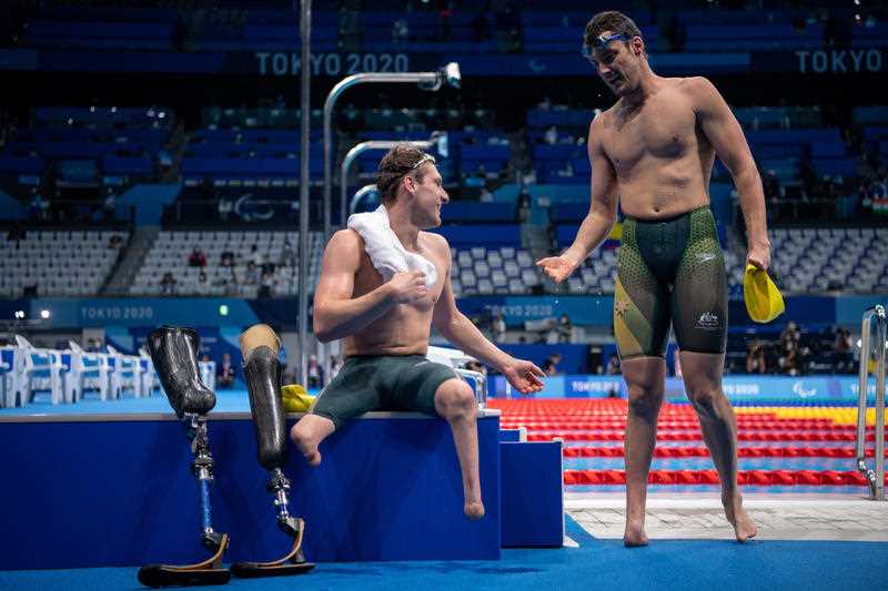 Jesse Aungles of Australia and Blake Cochrane of Australia after competing in the Men’s 100m Breaststroke SB7 Swimming Final at the Tokyo Aquatics Centre during the Tokyo Paralympic Games