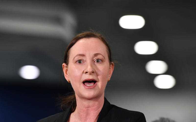 Queensland Health Minister Yvette D'Ath is seen speaking to the media during a press conference at the new mass Boondall Vaccination centre in Brisbane