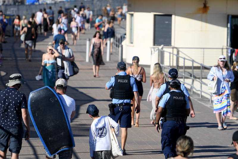 Police patrol Bondi beach, in Sydney, Saturday, September 11, 2021 during lockdown