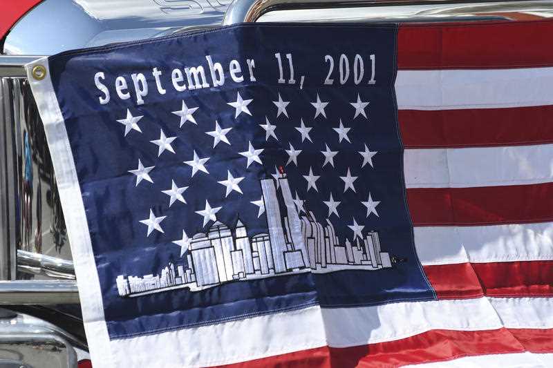 A flag remembering 9/11 is seen on the front of a fire truck in Pennsylvania on 11 September 2021