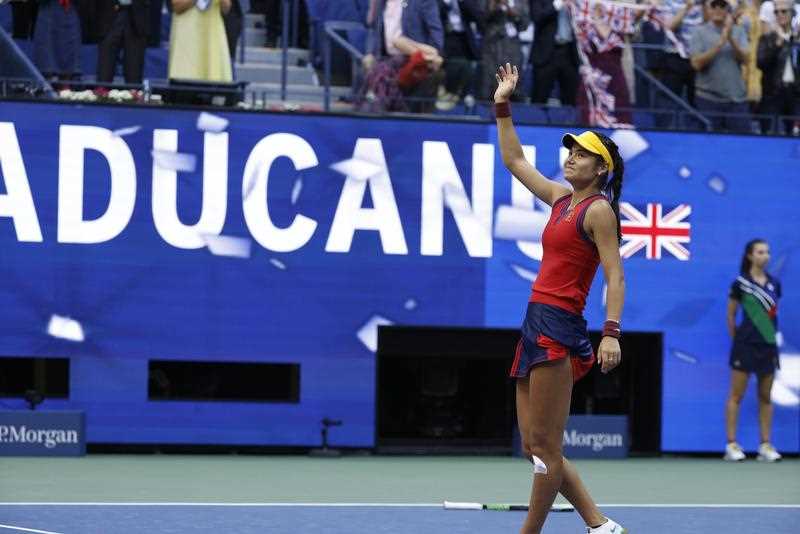 Emma Raducanu of Great Britain reacts after defeating Lelyah Fernandez of Canada to win the women's final match on the thirteenth day of the US Open Tennis Championships at the USTA National Tennis Center in Flushing Meadows, New York