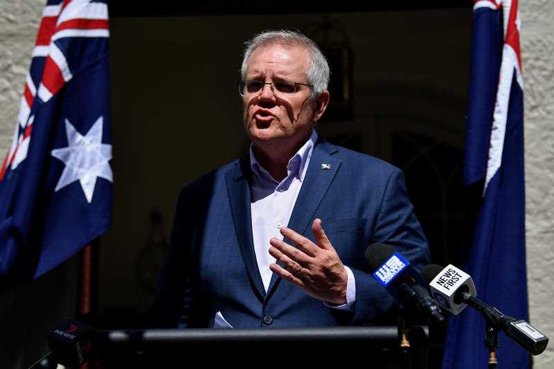 Australian Prime Minister Scott Morrison speaks to the media during a press conference at Kirribilli House in Sydney, Sunday, September 12, 2021