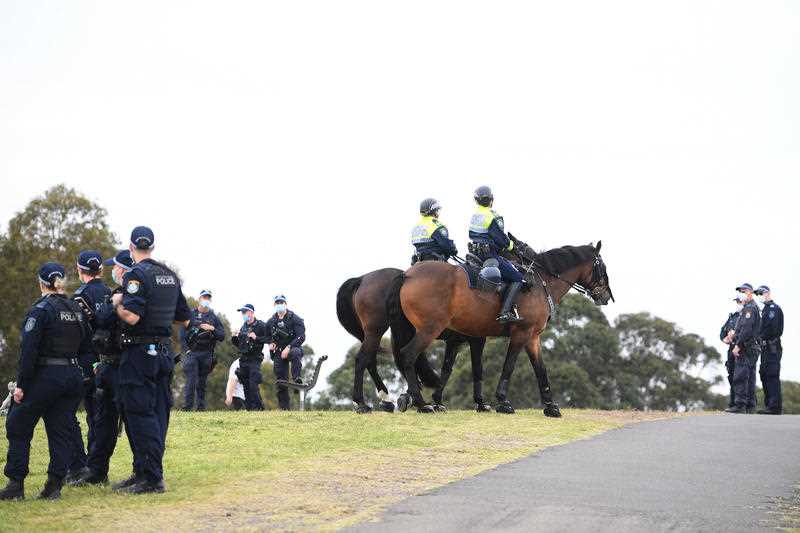 Police are seen patrolling ahead of a possible ‘The Worldwide Rally for Freedom’ protest at Sydney Park in Sydney, Saturday, September 18, 2021