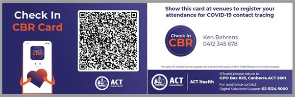 Blue and white Check In CBR card with QR code