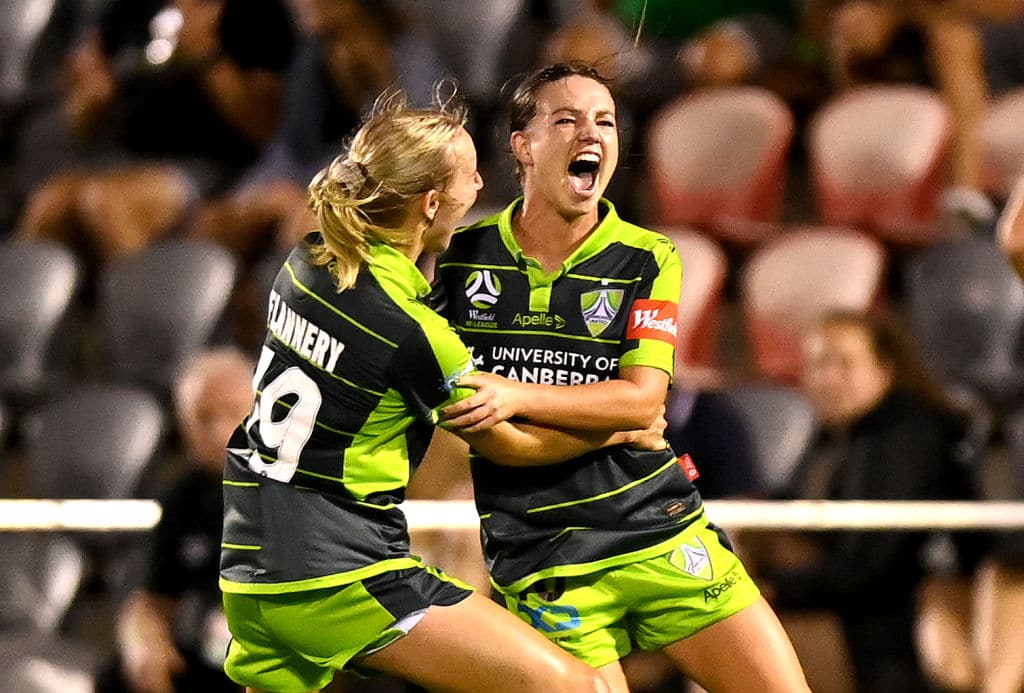 BRISBANE, AUSTRALIA - JANUARY 07: Grace Maher of Canberra celebrates after scoring a goal during the round three W-League match between the Brisbane Roar and Canberra United at Dolphin Stadium, on January 07, 2021, in Brisbane, Australia. (Photo by Bradley Kanaris/Getty Images)