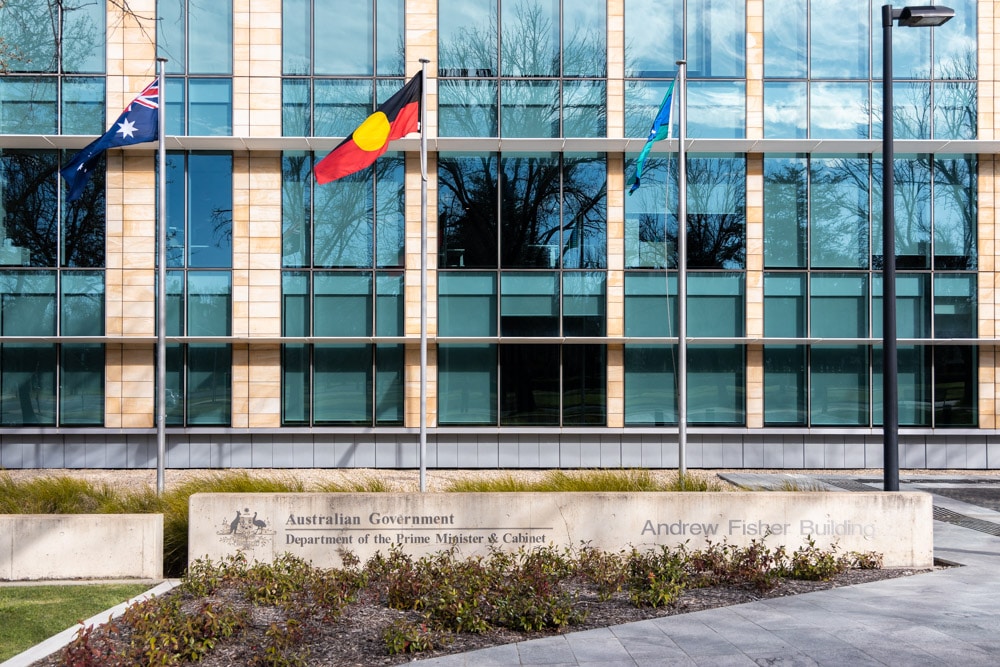 facade of a federal public service office block in Canberra