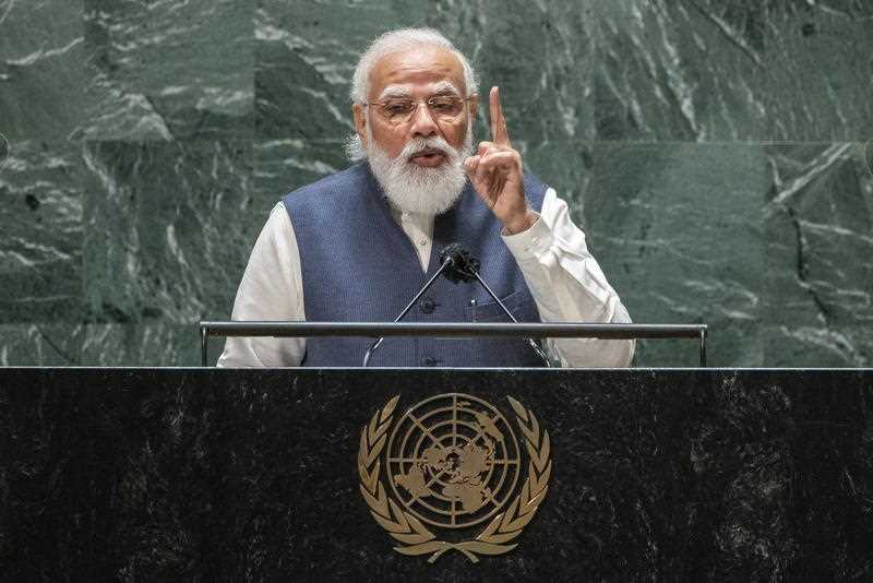 India's Prime Minister Narendra Modi addresses the 76th Session of the U.N. General Assembly in New York City, New York, USA, 25 September 2021